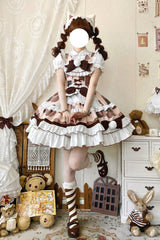 Brown [Calico Cat] Sleeveless Triple-Layered Printed Ruffled Bow Plush Sweet Lolita Jsk Dress - Product - 5