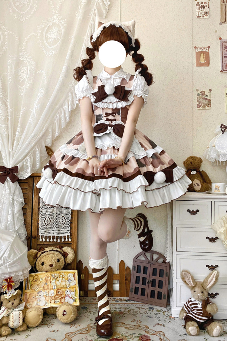 Brown [Calico Cat] Sleeveless Triple-Layered Printed Ruffled Bow Plush Sweet Lolita Jsk Dress - Product - 5