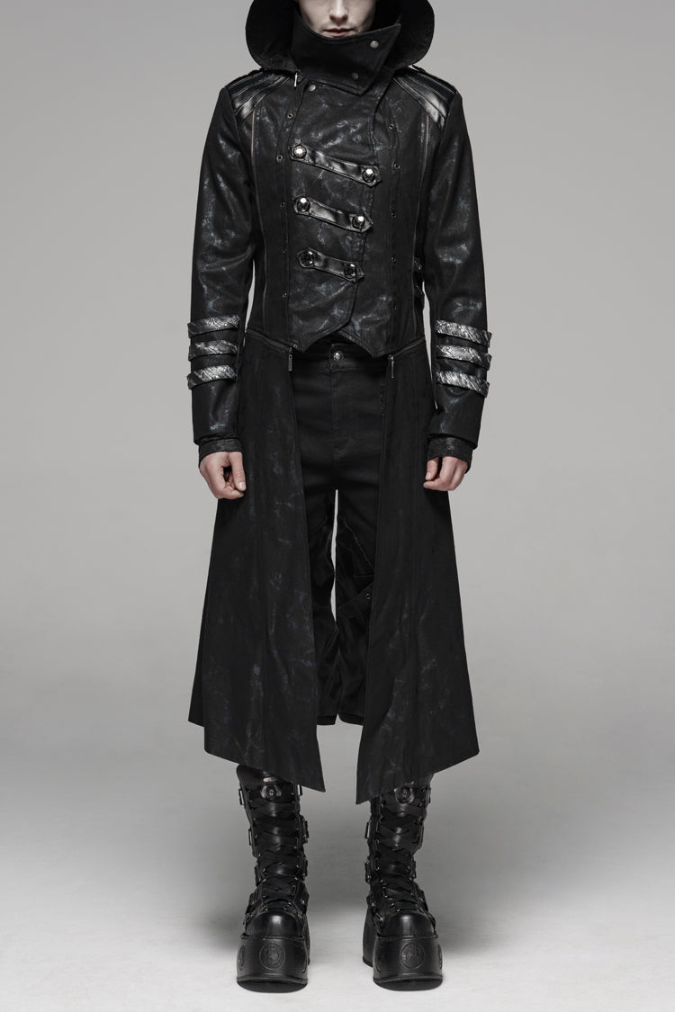 Black Stand Collar Metal Buckle Long Sleeves Mens Steampunk Coat - Black - 1