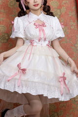 Stand Collar One Button Bubble Short Sleeve Lace Hem Sweet Lolita Dress - White - 1