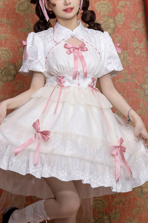 Stand Collar One Button Bubble Short Sleeve Lace Hem Sweet Lolita Dress - White - 1