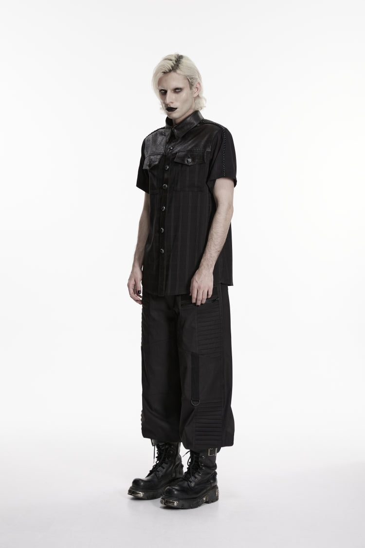 Black Lapel Collar Short Sleeves Spliced Men's Punk Shirt - Product - 2