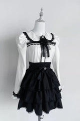 Jirai Kei Doll Collar Long Sleeves Triple-Layered Ruffled Bow Lace Japanese Skirt Blouse Set 2 Colors - Product - 7