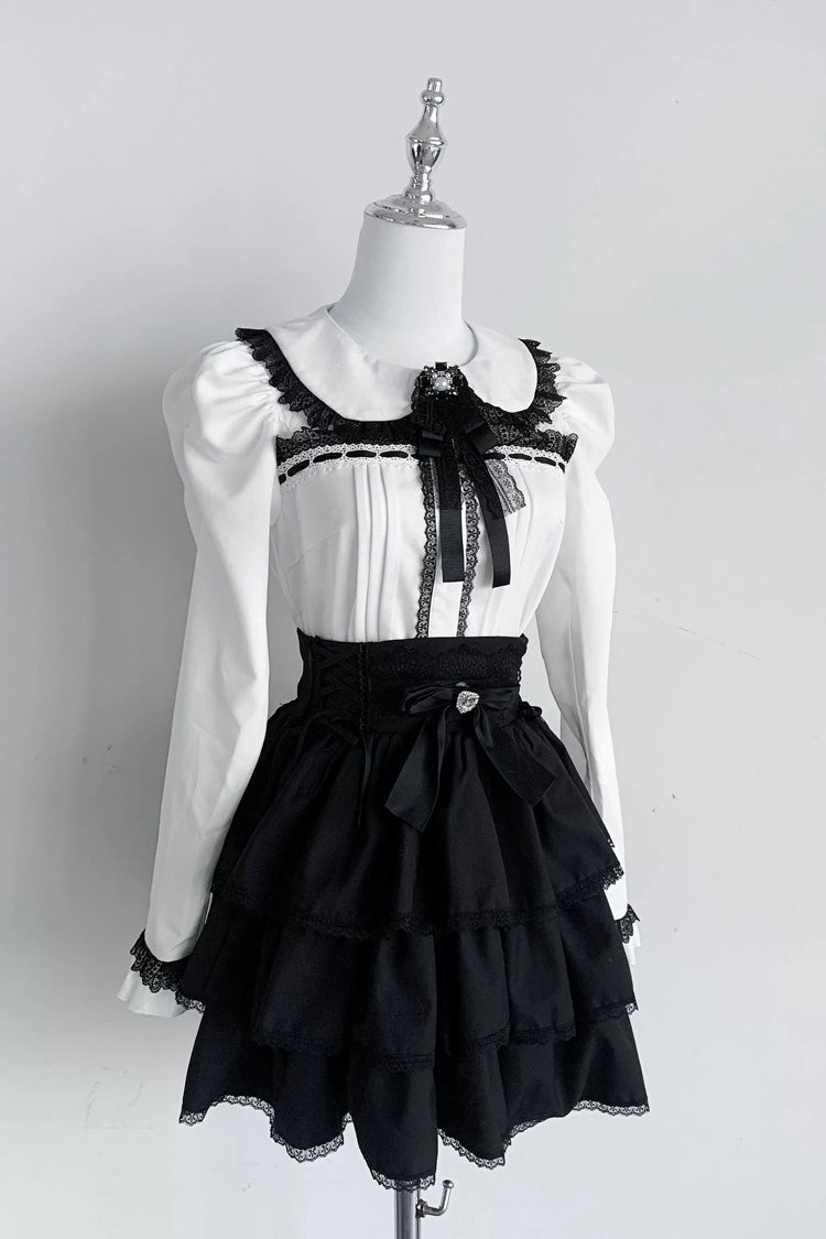 Jirai Kei Doll Collar Long Sleeves Triple-Layered Ruffled Bow Lace Japanese Skirt Blouse Set 2 Colors - Product - 7
