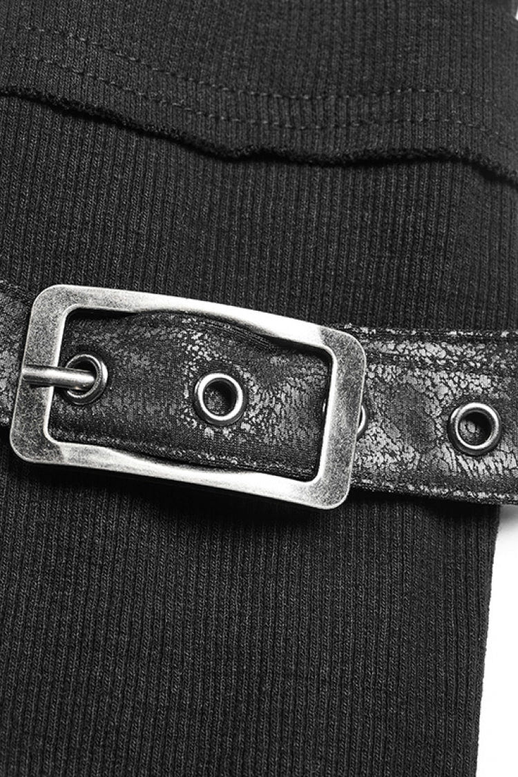 Black High Collar Long Sleeves Zipper Leather Buckle Women's Steampunk T-Shirt - Product - 2