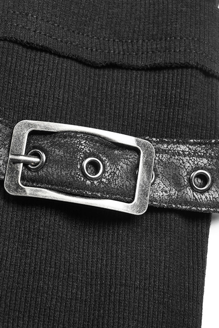 Black High Collar Long Sleeves Zipper Leather Buckle Women's Steampunk T-Shirt - Product - 2