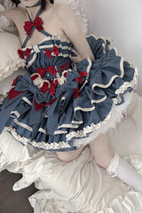 Blue [Milk Rabbit Theater] Halterneck Sleeveless Triple-Layered Ruffle Bowknot Lace-Up Sweet Lolita Jsk Dress - Product - 13
