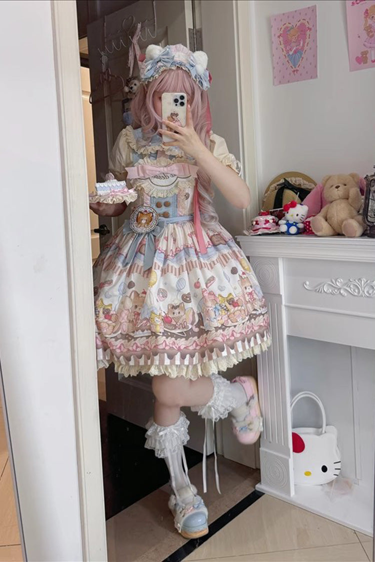Multi-Color Sleeveless [Cat Dessert] Print Ruffle Bowknot Lace Sweet Japanese Lolita Strap Dress - Product - 5