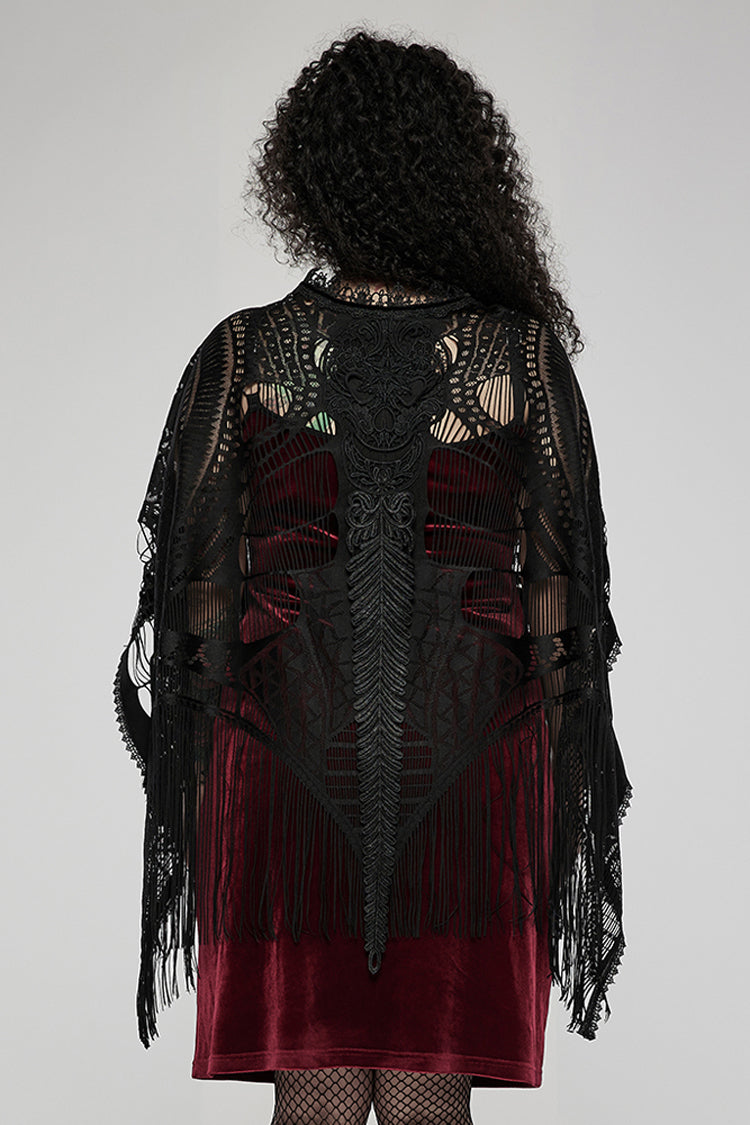 Black Openwork Lace Embroidery Pattern Decoration Hem Fringed Design Elasticated Neckline Women's Gothic Shawl - Product - 3