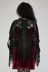 Black Openwork Lace Embroidery Pattern Decoration Hem Fringed Design Elasticated Neckline Women's Gothic Shawl - Product - 3