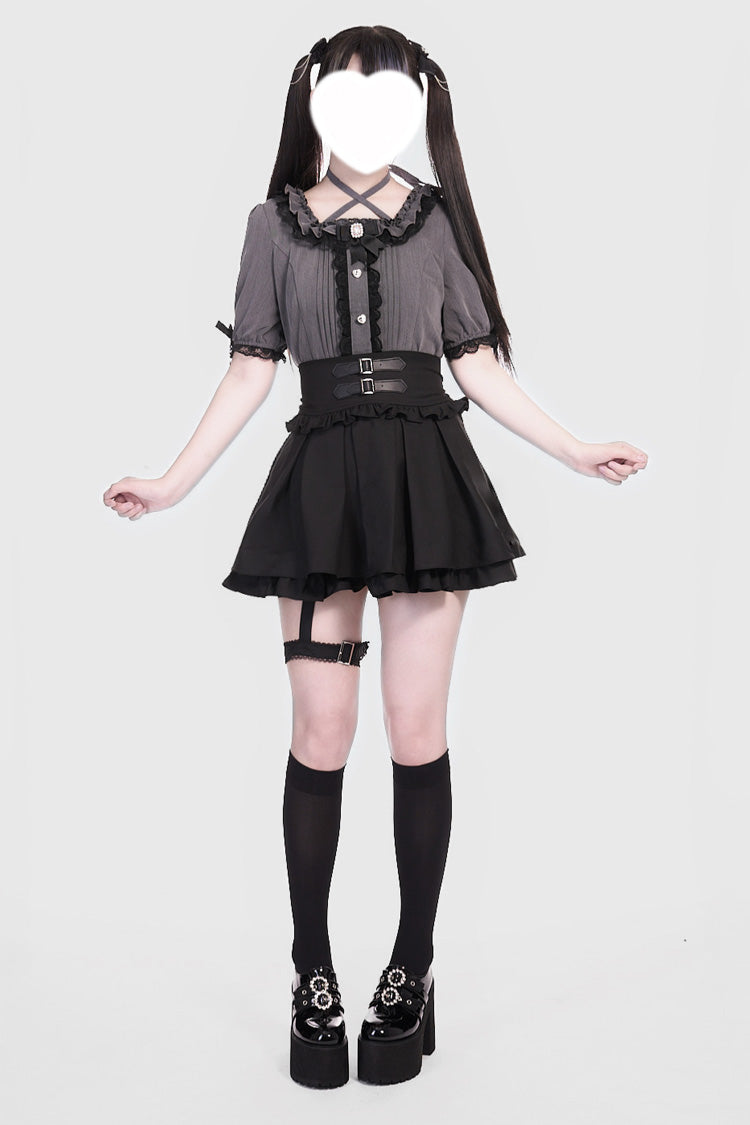 Black Leather Buckle Leg Ring Double-Layered Ruffle Sweet Jirai Kei Japanese Skirt - Product - 4