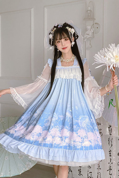 Blue Marine Jellyfish Print Bowknot Long Sleeves Ruffled Chinese Style Sweet Lolita Dress - Product - 2
