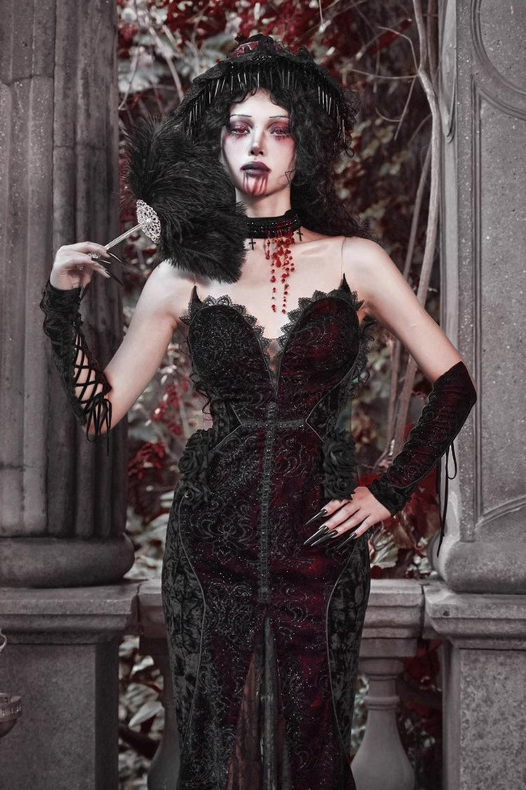 Black/Red [Scarlet Blood Peak] Sleeveless High Waisted Ruffle Embroidery Lace Gothic Lolita Fishtail Dress - Product - 8