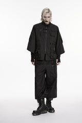 Black Stand Collar Long Sleeves Zippered Men's Punk Handsome Multi Pockets Strappy  Jacket - Product - 6