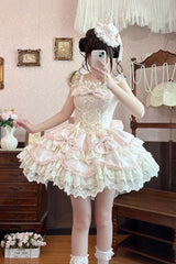 Pink [Realm of Sea Moon] Square Collar Sleeveless Multi-Layered Jacquard Ruffled Bow Lace Lace-Up Sweet Lolita Jsk Dress - Product - 5