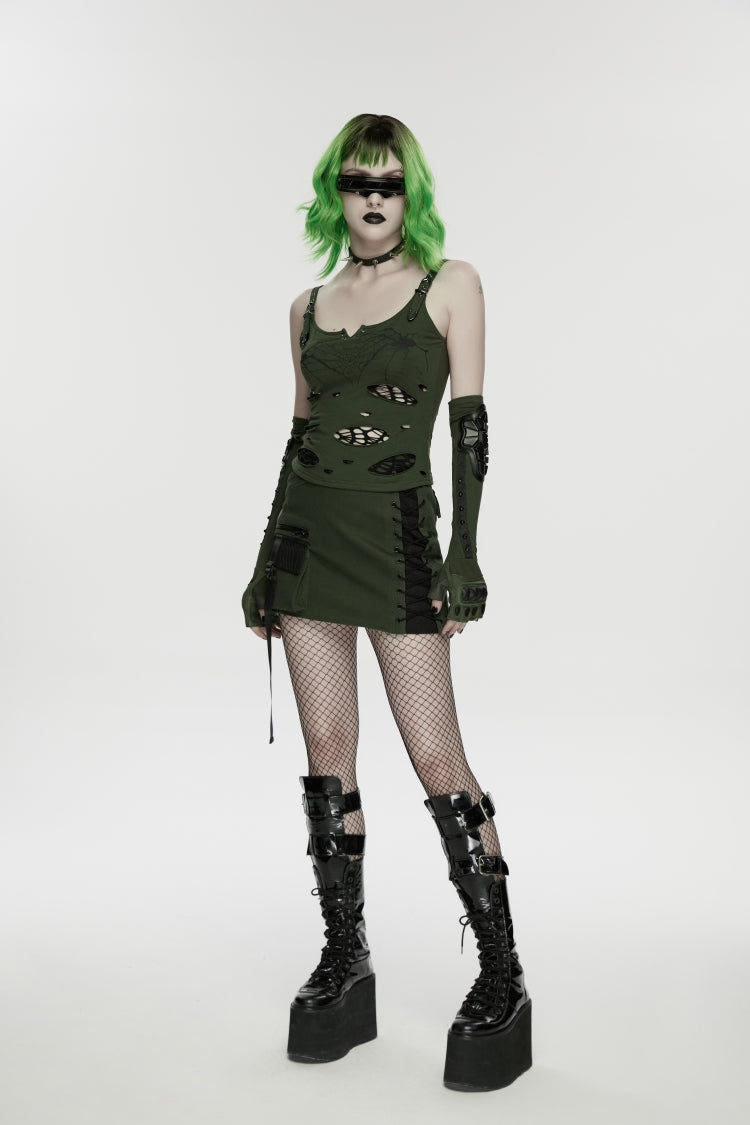 Black/Green Lace-Up Slim Asymmetric Zippered Eyelet Women's Punk Handsome Skirt - Black/Green - 1