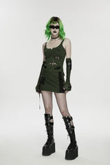 Black/Green Lace-Up Slim Asymmetric Zippered Eyelet Women's Punk Handsome Skirt - Black/Green - 1