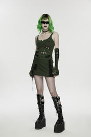 Black/Green Lace-Up Slim Asymmetric Zippered Eyelet Women's Punk Handsome Skirt - Black/Green - 1