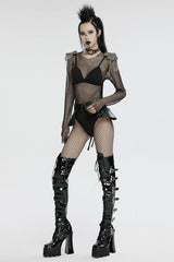 Black Long Sleeves Mesh Studded Tassel Women's Punk Bodysuit - Product - 4