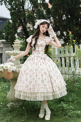 Ivory [Rose After The Rain] Short Sleeves Triple-Layered Print Ruffle Bowknot Lace-Up Sweet Lolita Long Dress - Product - 6