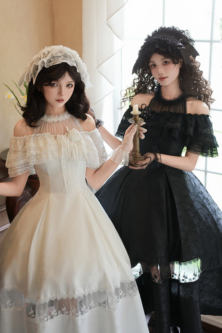 Black [Flowers in the Mist] Off Shoulder Halterneck Print Ruffle Gothic Elegant Lolita Dress - Product - 7