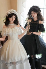 White [Flowers in the Mist] Off Shoulder Halterneck Print Ruffle Gothic Elegant Lolita Dress - Product - 6