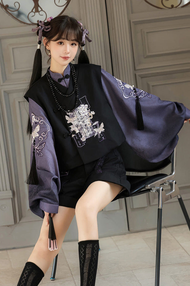Black/Purple Stand Collar Long Sleeves Embroidery Classic Chinese Style Prince Hanfu Ouji Set - Product - 3