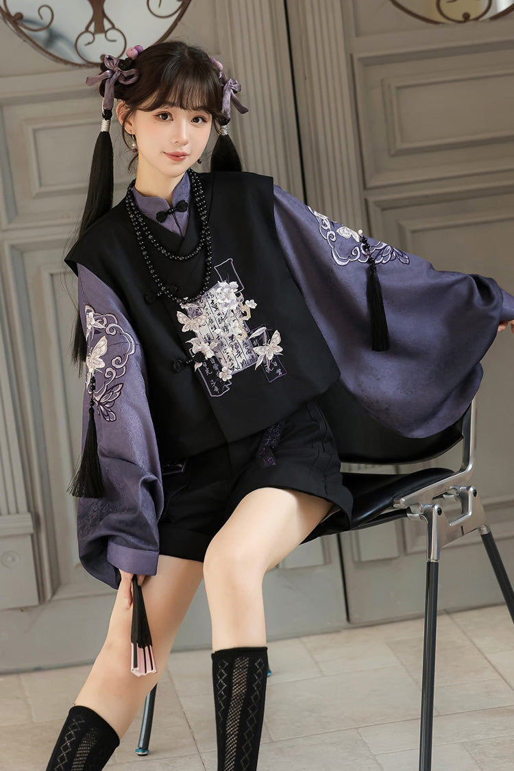 Black/Purple Stand Collar Long Sleeves Embroidery Classic Chinese Style Prince Hanfu Ouji Set - Product - 3