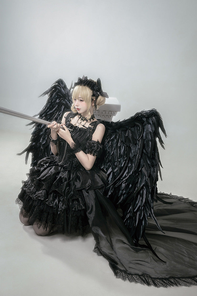 Black [Rose Memoirs] Sleeveless Multi-Layered Bowknot Lace Gothic Lolita Skirt Set - Product - 4