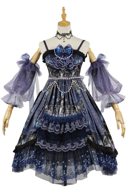 Blue Skull Print Hanayome Bowknot Pearl Chain Multi-Layer Ruffled Gothic Lolita JSK Tiered Dress - Blue - 1