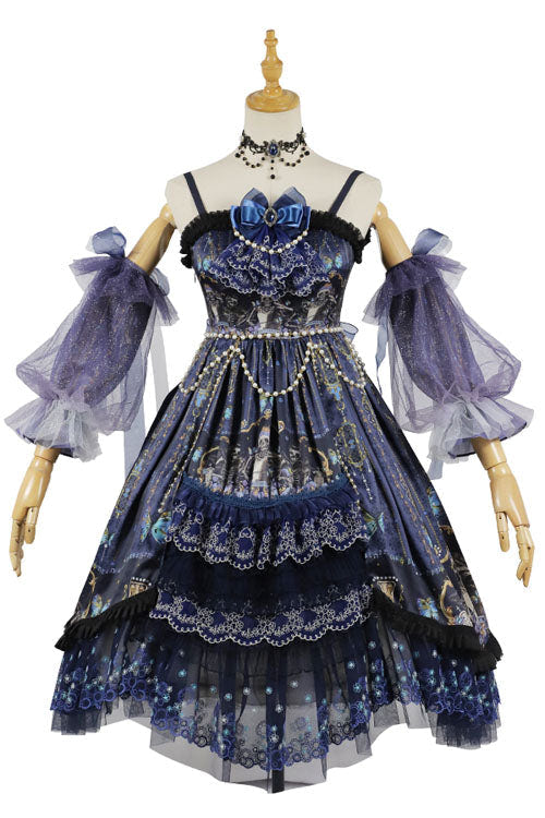Blue Skull Print Hanayome Bowknot Pearl Chain Multi-Layer Ruffled Gothic Lolita JSK Tiered Dress - Blue - 1