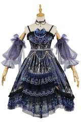 Blue Skull Print Hanayome Bowknot Pearl Chain Multi-Layer Ruffled Gothic Lolita JSK Tiered Dress - Blue - 1
