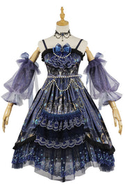 Blue Skull Print Hanayome Bowknot Pearl Chain Multi-Layer Ruffled Gothic Lolita JSK Tiered Dress - Blue - 1