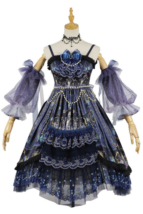Blue Skull Print Hanayome Bowknot Pearl Chain Multi-Layer Ruffled Gothic Lolita JSK Tiered Dress - Blue - 1