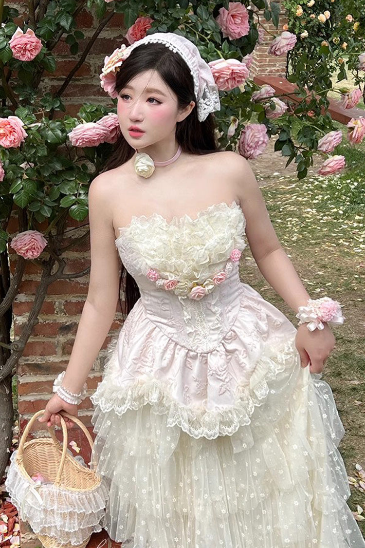 Pink Flower Goddess of Love Ruffle Bowknot Lace Sweet Elegant Lolita Maxi Skirt Dress Set - Product - 5