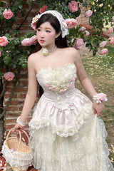 Pink Flower Goddess of Love Ruffle Bowknot Lace Sweet Elegant Lolita Maxi Skirt Dress Set - Product - 5