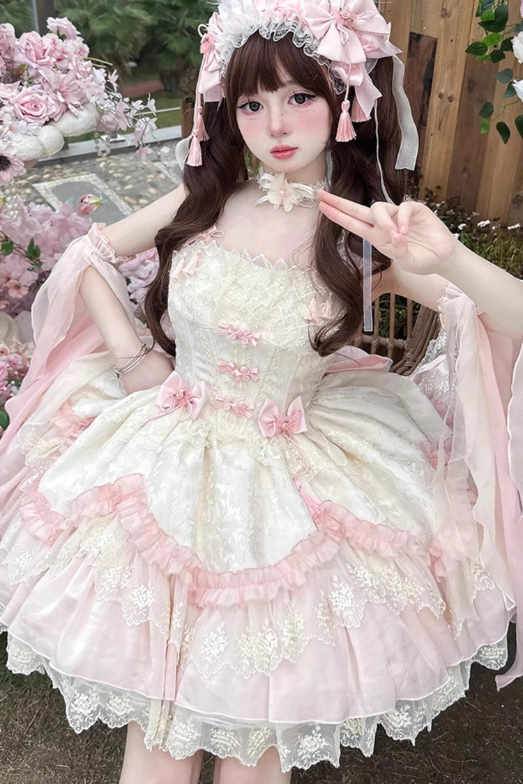 Pink [Lyrics in the Midst of Flowers] Ruffle Embroidery Bowknot Chinese Style Elegant Sweet Lolita Jsk Dress - Product - 7