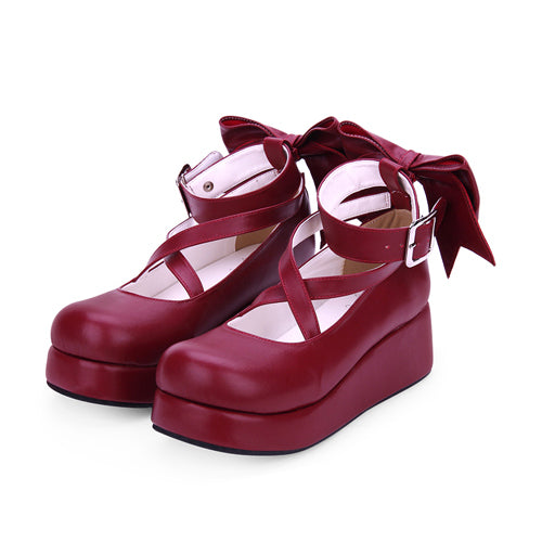 Round-toe Shallow Mouth Bowknot Cute Lolita Middle Heels Shoes - Red - 4