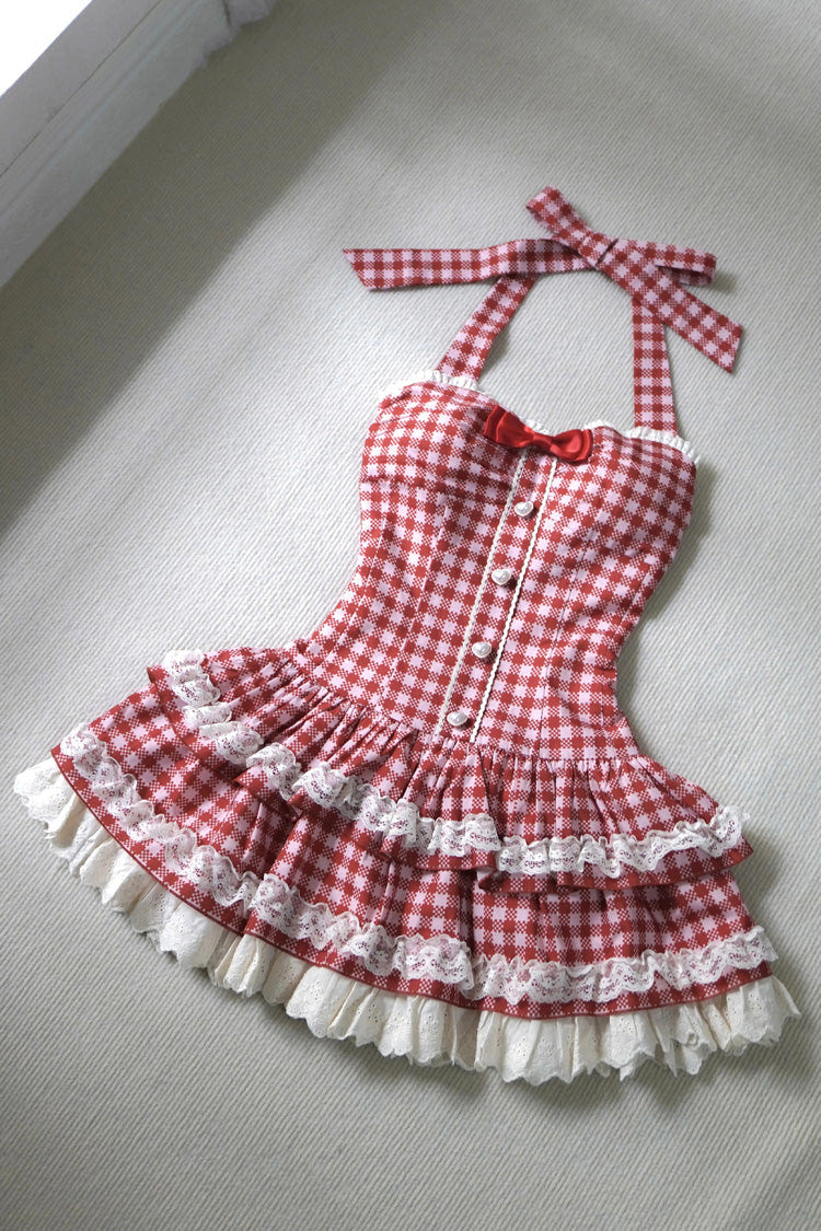 [Summer Mint] Halterneck Sleeveless Double-Layered Printed Ruffled Bow Lace Sweet Lolita Jsk Dress 5 Colors (Blue, Pink, Red, Black, White) - Red - 7