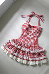 [Summer Mint] Halterneck Sleeveless Double-Layered Printed Ruffled Bow Lace Sweet Lolita Jsk Dress 5 Colors (Blue, Pink, Red, Black, White) - Red - 7