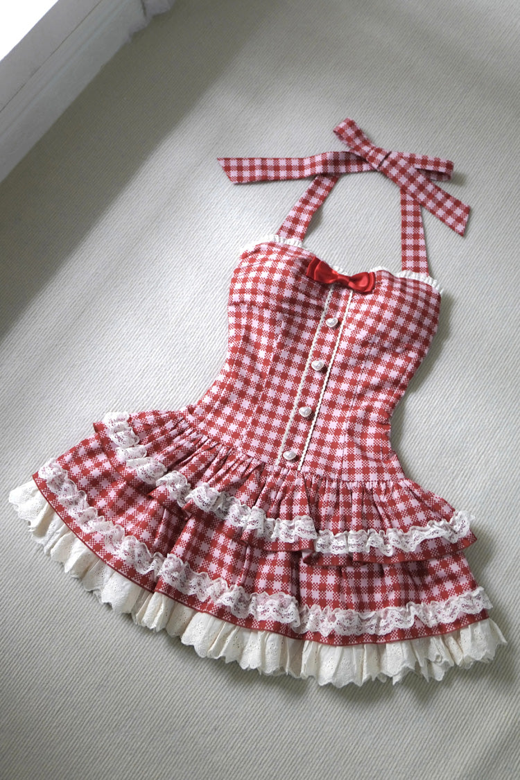 [Summer Mint] Halterneck Sleeveless Double-Layered Printed Ruffled Bow Lace Sweet Lolita Jsk Dress 5 Colors (Blue, Pink, Red, Black, White) - Red - 7