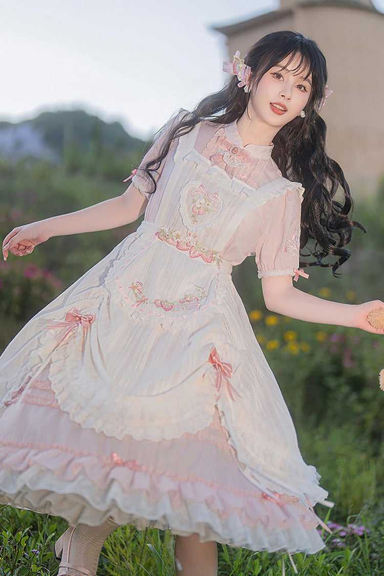 Pink Stand Collar Short Sleeves Ruffled Embroidered Lace Sweet Chinese Inspired Lolita Dress - Product - 14