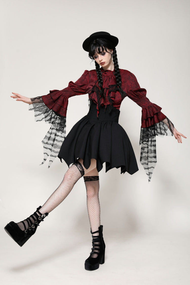 Red Multi-Layered Frilly Lace Long Hime Sleeves Lace-Up Women's Gothic Blouse - Product - 5