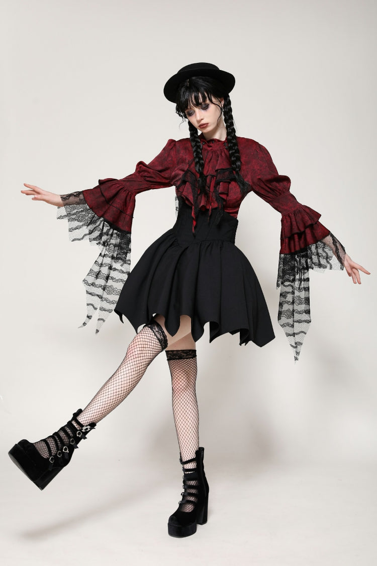 Red Multi-Layered Frilly Lace Long Hime Sleeves Lace-Up Women's Gothic Blouse - Product - 5
