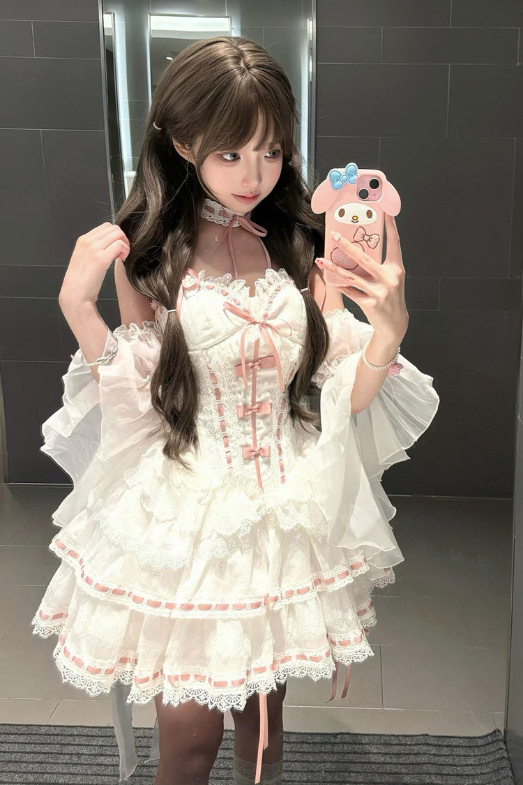 White [Little Love Song] Detachable Trumpet Sleeves Ruffle Bowknot Lace Sweet Lolita Top Skirt Set - Product - 2