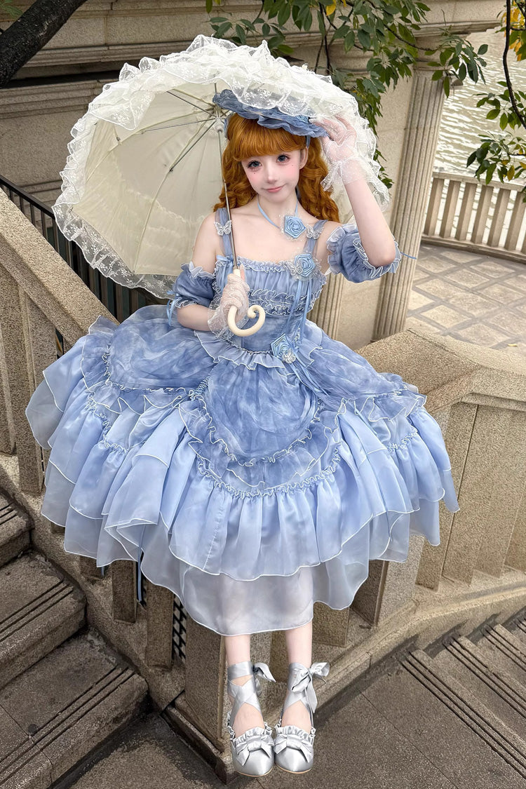 [Goodnight Camellia] Sleeveless Ombre Multi-Layered Printed Ruffled Lace Fishbone Sweet Lolita Jsk Dress 3 Colors - Product - 3