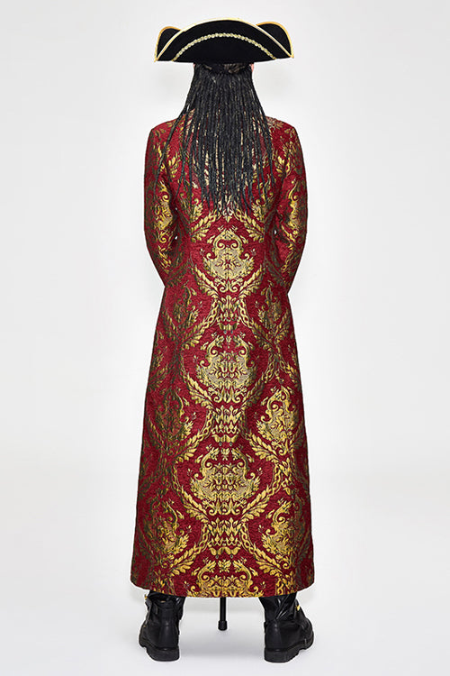 Pirate Style Red And Gold Jacquard Gothic Mens Long Coat - Product - 3