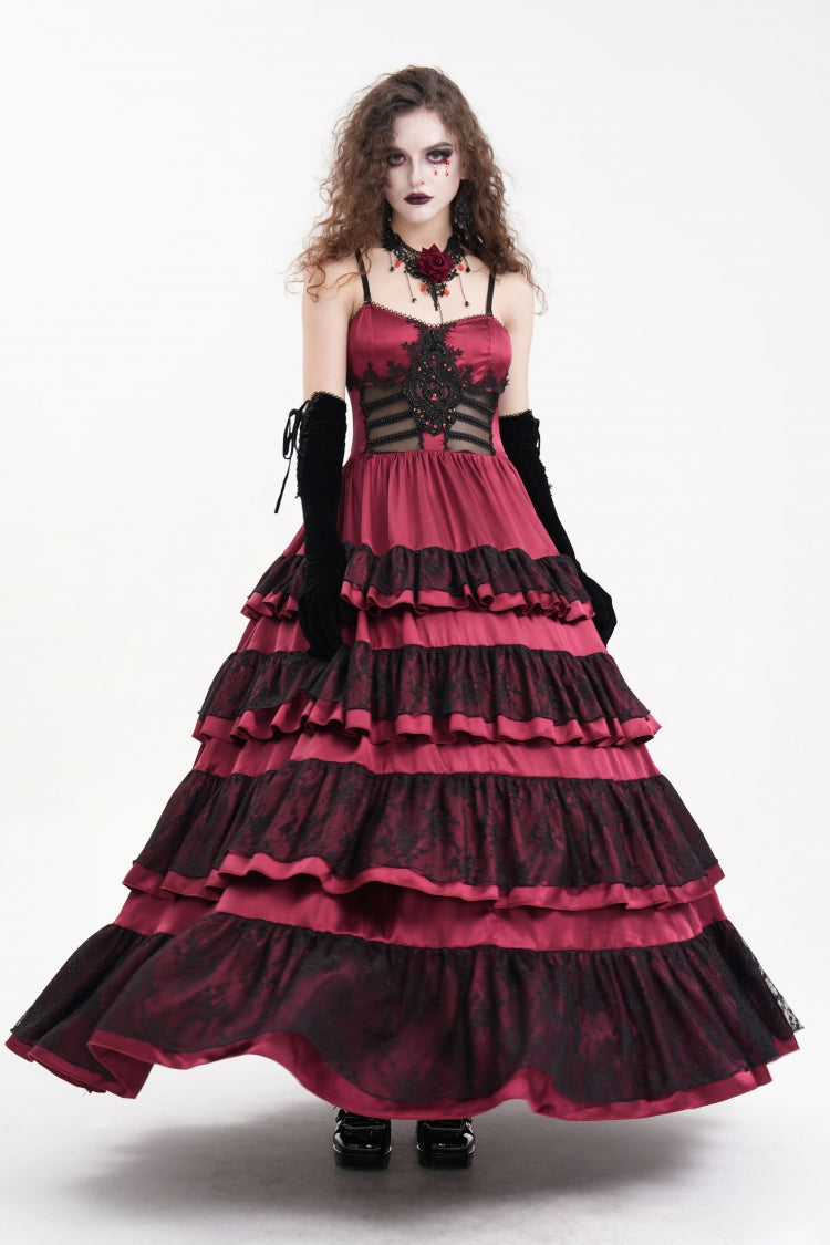 Red Multi-Layered Ruffle Lace-Up Mesh Women's Gothic Dress - Product - 4