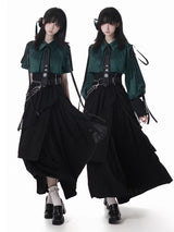 Green/Black [Moonlight Flowing] Long/Short Sleeves Ruffled Asymmetric Gothic Jirai Kei Skirt Set - Product - 3