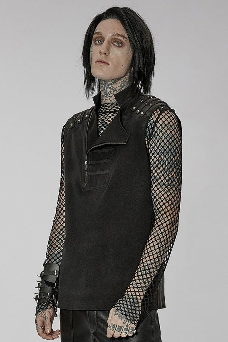 Black Punk Stand Collar Anterior Middle Asymmetry Design Zipper Shoulder Decorate Webbing Men's Vest - Product - 2